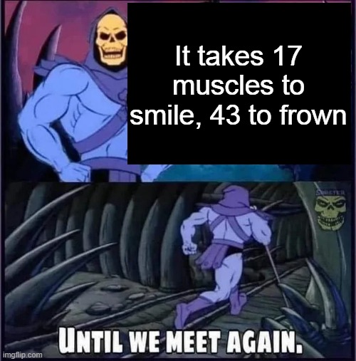 Until we meet again. | It takes 17 muscles to smile, 43 to frown | image tagged in until we meet again | made w/ Imgflip meme maker