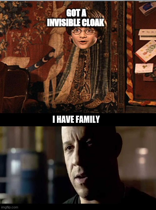 family | GOT A INVISIBLE CLOAK; I HAVE FAMILY | image tagged in funny | made w/ Imgflip meme maker
