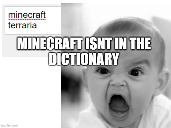 Please add minecraft to the dictionary | MINECRAFT ISNT IN THE
DICTIONARY | image tagged in minecraft,terraria | made w/ Imgflip meme maker