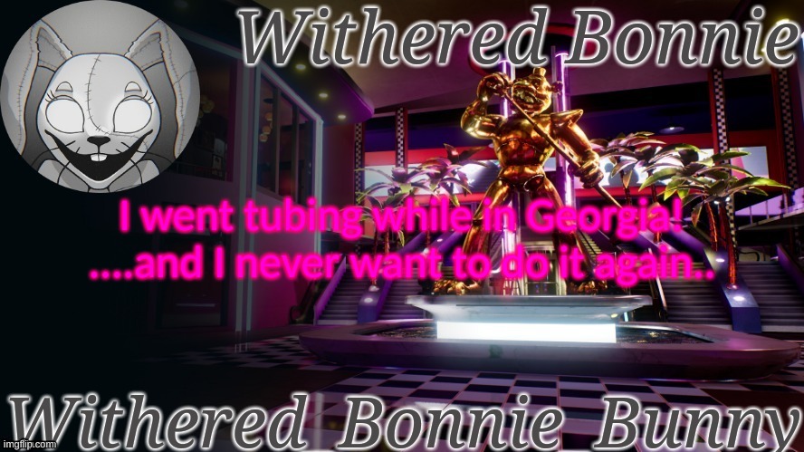 I know no one asked, but still | I went tubing while in Georgia! ....and I never want to do it again.. | image tagged in withered_bonnie_bunny's security breach template | made w/ Imgflip meme maker