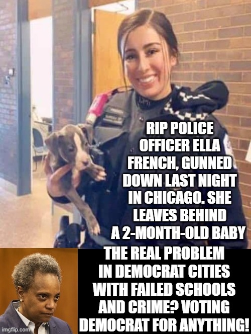 The real problem? Voting Democrat for anything! | RIP POLICE OFFICER ELLA FRENCH, GUNNED DOWN LAST NIGHT IN CHICAGO. SHE LEAVES BEHIND A 2-MONTH-OLD BABY; THE REAL PROBLEM IN DEMOCRAT CITIES WITH FAILED SCHOOLS AND CRIME? VOTING DEMOCRAT FOR ANYTHING! | image tagged in stupid,stupid people,democrats,special kind of stupid,stupid liberals,do you are have stupid | made w/ Imgflip meme maker