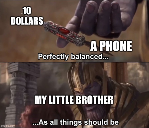 Thanos perfectly balanced as all things should be | 10 DOLLARS; A PHONE; MY LITTLE BROTHER | image tagged in thanos perfectly balanced as all things should be | made w/ Imgflip meme maker