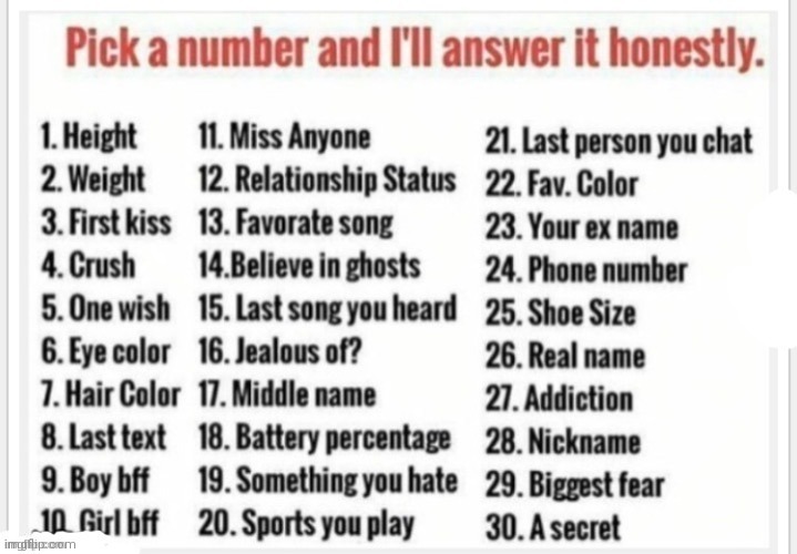 I will answer any of them HONESTLY | image tagged in pick a number | made w/ Imgflip meme maker