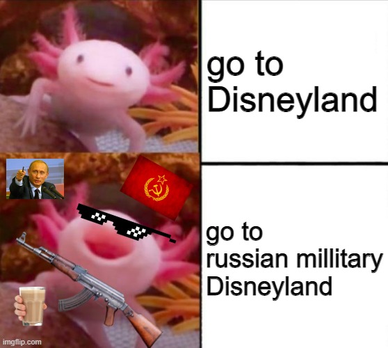 axolotl drake |  go to Disneyland; go to russian millitary Disneyland | image tagged in axolotl drake,russia,slav,ak 47,putin,axololt | made w/ Imgflip meme maker