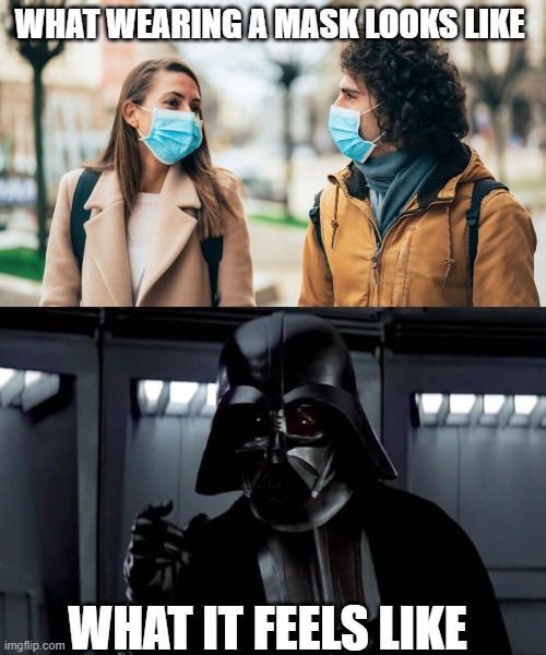masks | WHAT WEARING A MASK LOOKS LIKE; WHAT IT FEELS LIKE | image tagged in face mask closed captioning,darth vader | made w/ Imgflip meme maker