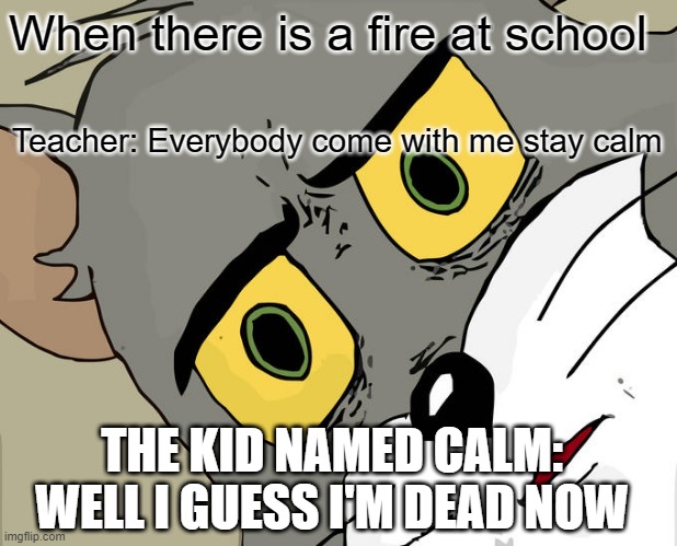 Alrighty Then | When there is a fire at school; Teacher: Everybody come with me stay calm; THE KID NAMED CALM: WELL I GUESS I'M DEAD NOW | image tagged in memes,unsettled tom | made w/ Imgflip meme maker