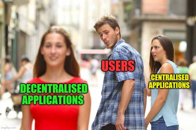 Decentralised web and the users | USERS; CENTRALISED APPLICATIONS; DECENTRALISED APPLICATIONS | image tagged in crypto,hive,cryptocurrency,memehub,funny,memes | made w/ Imgflip meme maker