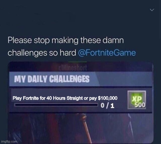 EA Sports | Play Fortnite for 40 Hours Straight or pay $100,000 | image tagged in fortnite challenge | made w/ Imgflip meme maker