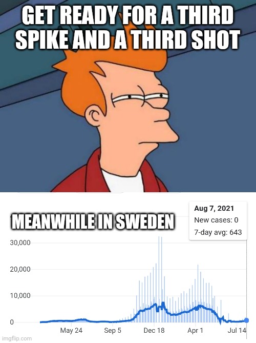 How avoiding the flu leads to failure. | GET READY FOR A THIRD SPIKE AND A THIRD SHOT; MEANWHILE IN SWEDEN | image tagged in memes,futurama fry,corona virus,sweden | made w/ Imgflip meme maker