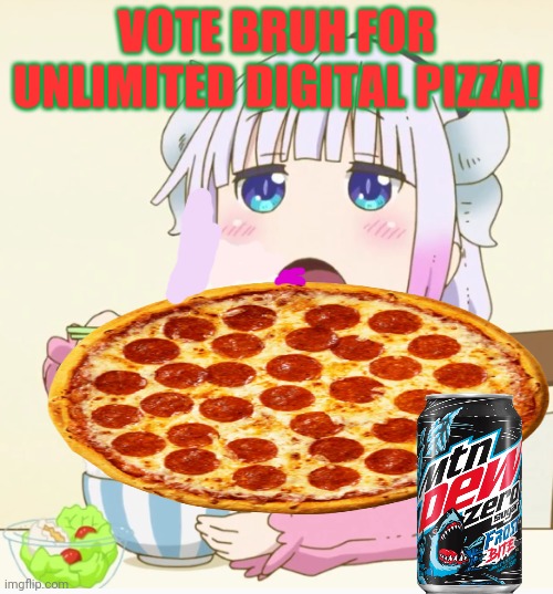 Vote BRUH! | VOTE BRUH FOR UNLIMITED DIGITAL PIZZA! | image tagged in kanna eating rice,vote bruh,party | made w/ Imgflip meme maker