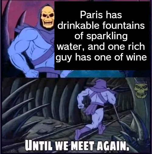 Until we meet again. | Paris has drinkable fountains of sparkling water, and one rich guy has one of wine | image tagged in until we meet again | made w/ Imgflip meme maker