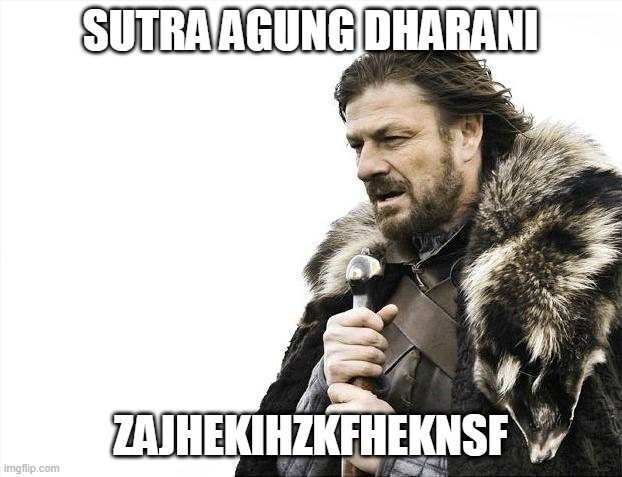 Brace Yourselves X is Coming Meme | SUTRA AGUNG DHARANI; ZAJHEKIHZKFHEKNSF | image tagged in memes,brace yourselves x is coming | made w/ Imgflip meme maker