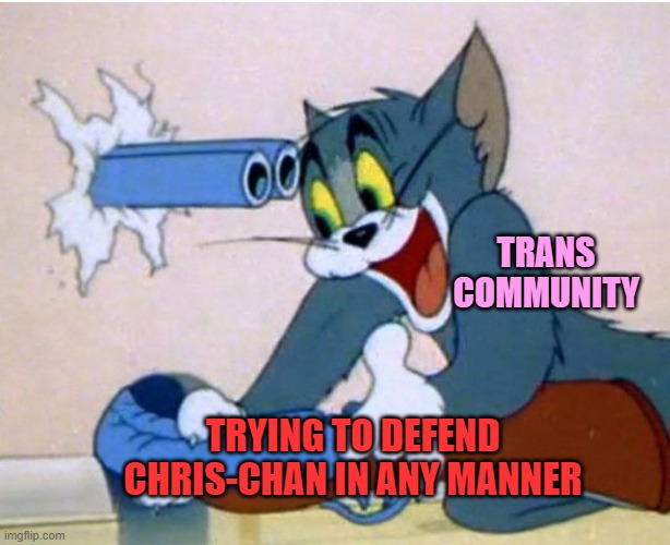 Tom and Jerry | TRANS COMMUNITY; TRYING TO DEFEND CHRIS-CHAN IN ANY MANNER | image tagged in tom and jerry,memes,transgender,crime,lgbt | made w/ Imgflip meme maker