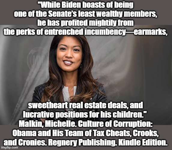 Biden is  one of the worst. | "While Biden boasts of being one of the Senate’s least wealthy members, he has profited mightily from the perks of entrenched incumbency—earmarks, sweetheart real estate deals, and lucrative positions for his children." 
Malkin, Michelle. Culture of Corruption: Obama and His Team of Tax Cheats, Crooks, and Cronies. Regnery Publishing. Kindle Edition. | image tagged in joe biden | made w/ Imgflip meme maker