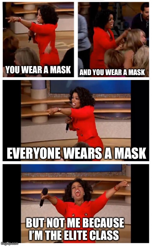 Oprah You Get A Car Everybody Gets A Car Meme | YOU WEAR A MASK; AND YOU WEAR A MASK; EVERYONE WEARS A MASK; BUT NOT ME BECAUSE I’M THE ELITE CLASS | image tagged in memes,oprah you get a car everybody gets a car | made w/ Imgflip meme maker