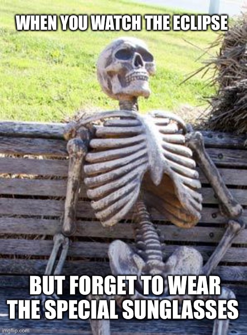 Just suntanning my eyes | WHEN YOU WATCH THE ECLIPSE; BUT FORGET TO WEAR THE SPECIAL SUNGLASSES | image tagged in memes,waiting skeleton | made w/ Imgflip meme maker