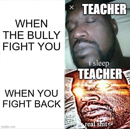 Sleeping Shaq | TEACHER; WHEN THE BULLY FIGHT YOU; TEACHER; WHEN YOU FIGHT BACK | image tagged in memes,sleeping shaq | made w/ Imgflip meme maker