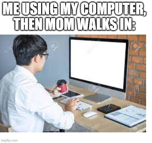 then mom walks in | ME USING MY COMPUTER, THEN MOM WALKS IN: | image tagged in blank white template | made w/ Imgflip meme maker