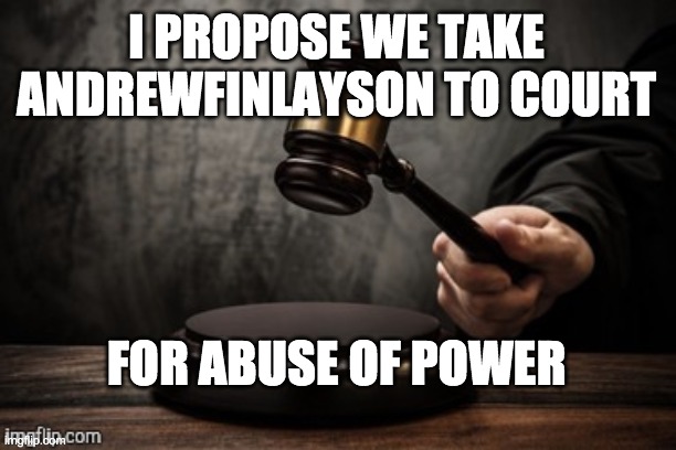 My reasons are listed in the comment section since I have so many. | I PROPOSE WE TAKE ANDREWFINLAYSON TO COURT; FOR ABUSE OF POWER | image tagged in court,courtroom,judge,trial,memes,politics | made w/ Imgflip meme maker