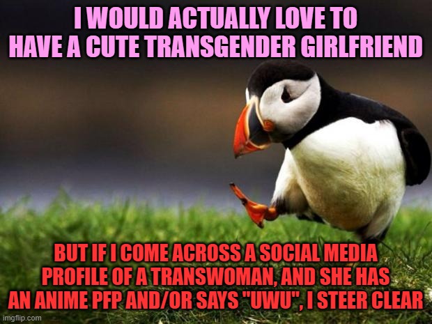 Unpopular Opinion Puffin Meme | I WOULD ACTUALLY LOVE TO HAVE A CUTE TRANSGENDER GIRLFRIEND; BUT IF I COME ACROSS A SOCIAL MEDIA PROFILE OF A TRANSWOMAN, AND SHE HAS AN ANIME PFP AND/OR SAYS "UWU", I STEER CLEAR | image tagged in memes,unpopular opinion puffin,transgender,girlfriend,anime,uwu | made w/ Imgflip meme maker