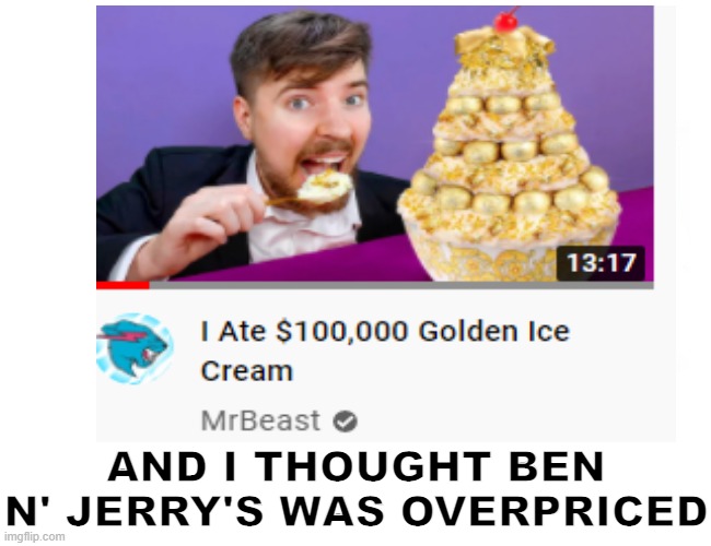 bruh- | AND I THOUGHT BEN N' JERRY'S WAS OVERPRICED | image tagged in mr beast,funny,icecream,yummy,expensive | made w/ Imgflip meme maker