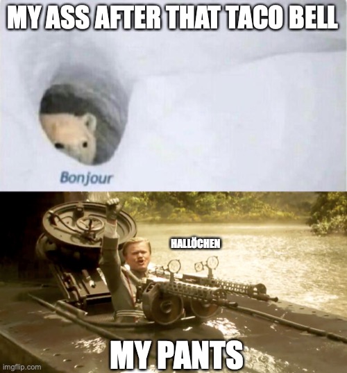 MY ASS AFTER THAT TACO BELL; HALLÖCHEN; MY PANTS | image tagged in bonjour bear,memes | made w/ Imgflip meme maker