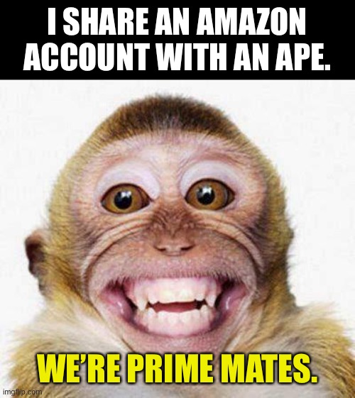 Amazon | I SHARE AN AMAZON ACCOUNT WITH AN APE. WE’RE PRIME MATES. | image tagged in monkey smile | made w/ Imgflip meme maker