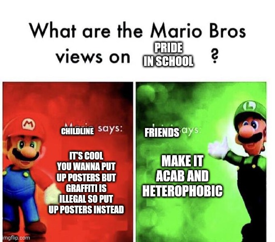 Graffiti is illegal | PRIDE IN SCHOOL; CHILDLINE; FRIENDS; MAKE IT ACAB AND HETEROPHOBIC; IT'S COOL YOU WANNA PUT UP POSTERS BUT GRAFFITI IS ILLEGAL SO PUT UP POSTERS INSTEAD | image tagged in mario bros views | made w/ Imgflip meme maker