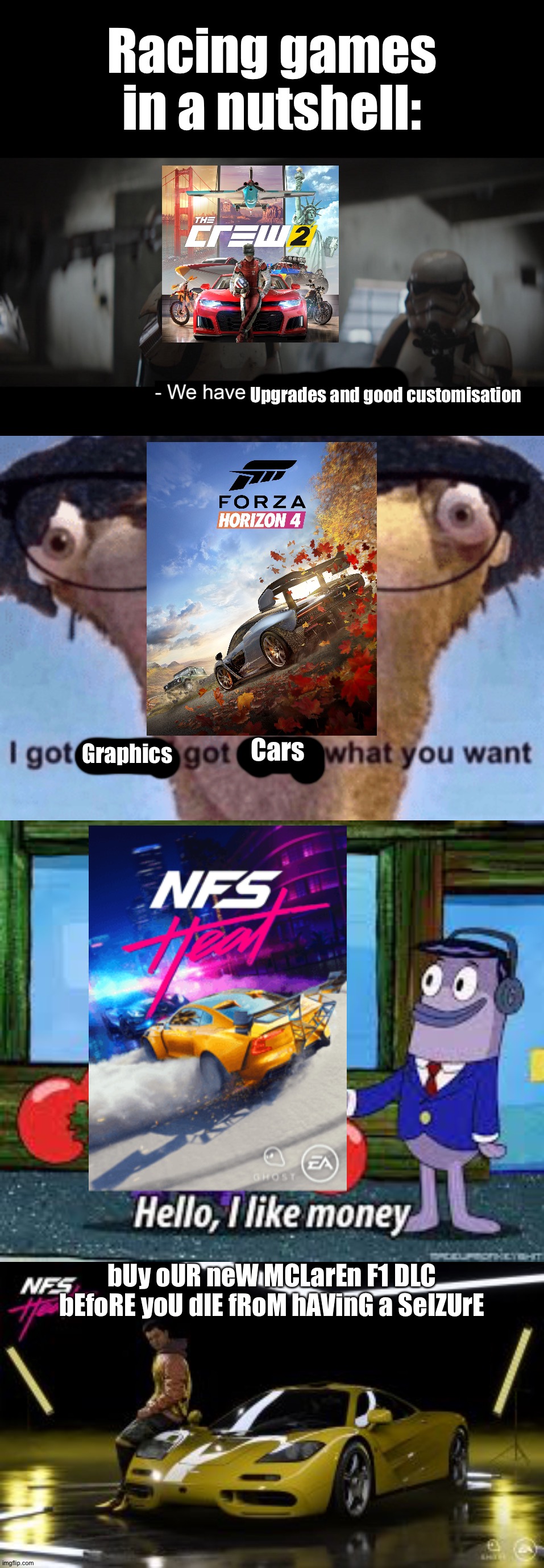 Racing games be like: | Racing games in a nutshell:; Upgrades and good customisation; Cars; Graphics; bUy oUR neW MCLarEn F1 DLC bEfoRE yoU dIE fRoM hAVinG a SeIZUrE | image tagged in memes,funny,gaming,nfs heat,forza horizon 4,the crew 2 | made w/ Imgflip meme maker