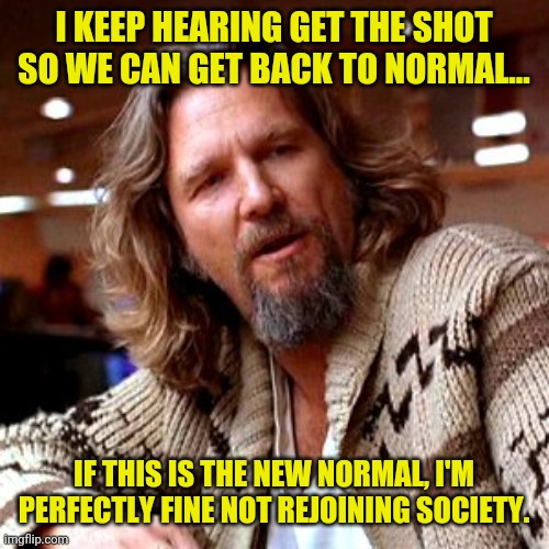 Count me out of the new normal. | I KEEP HEARING GET THE SHOT SO WE CAN GET BACK TO NORMAL... IF THIS IS THE NEW NORMAL, I'M PERFECTLY FINE NOT REJOINING SOCIETY. | image tagged in memes | made w/ Imgflip meme maker