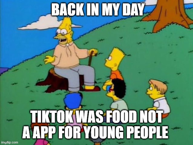 Back in my day | BACK IN MY DAY; TIKTOK WAS FOOD NOT A APP FOR YOUNG PEOPLE | image tagged in back in my day | made w/ Imgflip meme maker