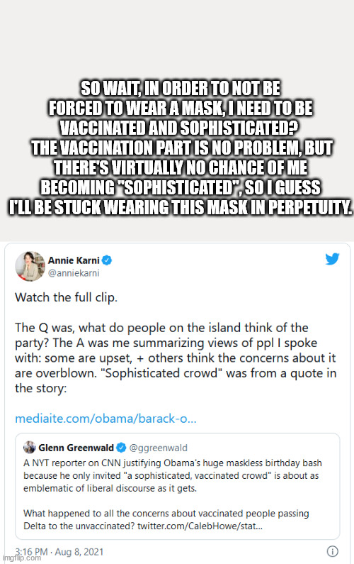 Stupid Liberals | SO WAIT, IN ORDER TO NOT BE FORCED TO WEAR A MASK, I NEED TO BE VACCINATED AND SOPHISTICATED? 
 THE VACCINATION PART IS NO PROBLEM, BUT THERE'S VIRTUALLY NO CHANCE OF ME BECOMING "SOPHISTICATED", SO I GUESS I'LL BE STUCK WEARING THIS MASK IN PERPETUITY. | image tagged in stupid liberals | made w/ Imgflip meme maker