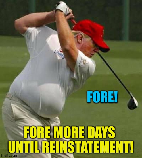 Golfy McGolfGut | FORE! FORE MORE DAYS 
UNTIL REINSTATEMENT! | image tagged in trump golf gut | made w/ Imgflip meme maker