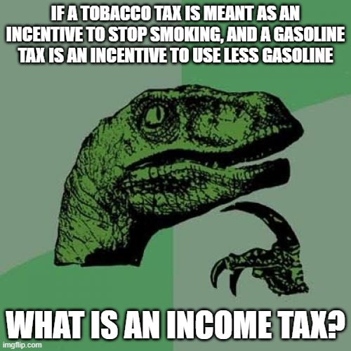 If you think about it... | IF A TOBACCO TAX IS MEANT AS AN INCENTIVE TO STOP SMOKING, AND A GASOLINE TAX IS AN INCENTIVE TO USE LESS GASOLINE; WHAT IS AN INCOME TAX? | image tagged in memes,philosoraptor,taxation,taxes | made w/ Imgflip meme maker