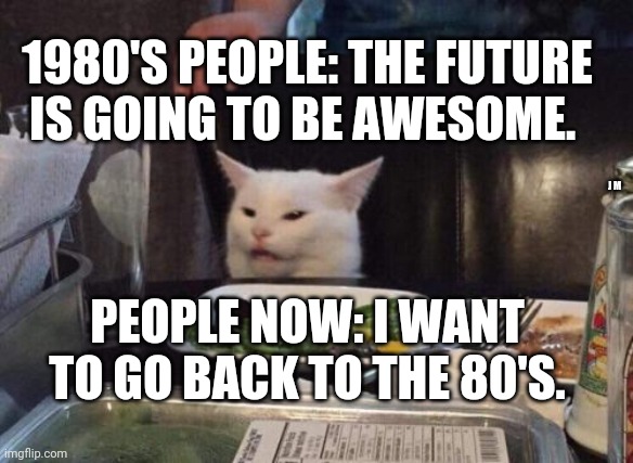 Salad cat | 1980'S PEOPLE: THE FUTURE IS GOING TO BE AWESOME. J M; PEOPLE NOW: I WANT TO GO BACK TO THE 80'S. | image tagged in salad cat | made w/ Imgflip meme maker