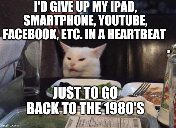 Salad cat | I'D GIVE UP MY IPAD, SMARTPHONE, YOUTUBE, FACEBOOK, ETC. IN A HEARTBEAT; J M; JUST TO GO BACK TO THE 1980'S | image tagged in salad cat | made w/ Imgflip meme maker