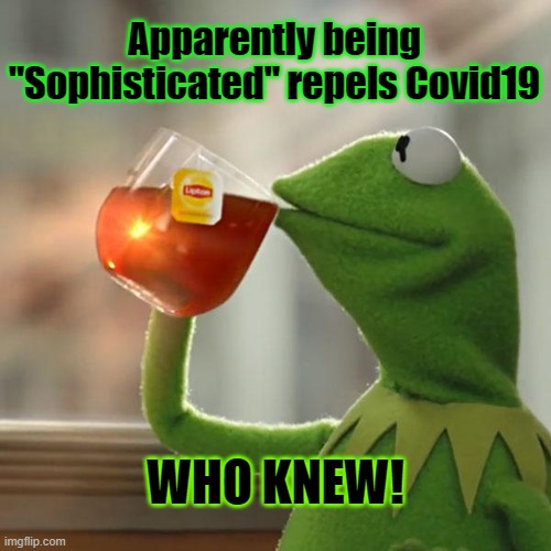 Covid19 | Apparently being "Sophisticated" repels Covid19; WHO KNEW! | image tagged in but that's none of my business,kermit the frog,sophisticated,politics | made w/ Imgflip meme maker