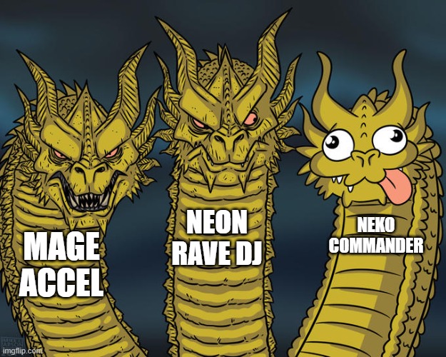 neko commander is terrible | NEON RAVE DJ; NEKO COMMANDER; MAGE ACCEL | image tagged in three-headed dragon,tds,roblox | made w/ Imgflip meme maker
