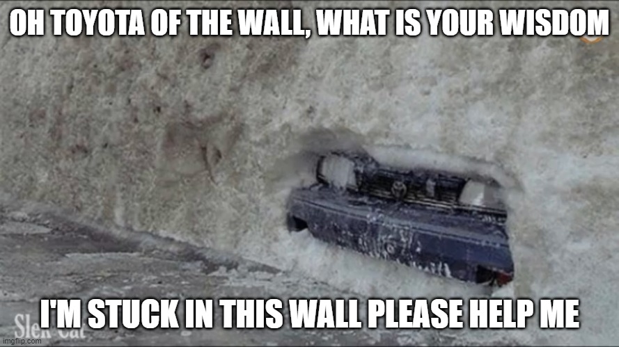 please help me | OH TOYOTA OF THE WALL, WHAT IS YOUR WISDOM; I'M STUCK IN THIS WALL PLEASE HELP ME | image tagged in oh toyota of the wall | made w/ Imgflip meme maker