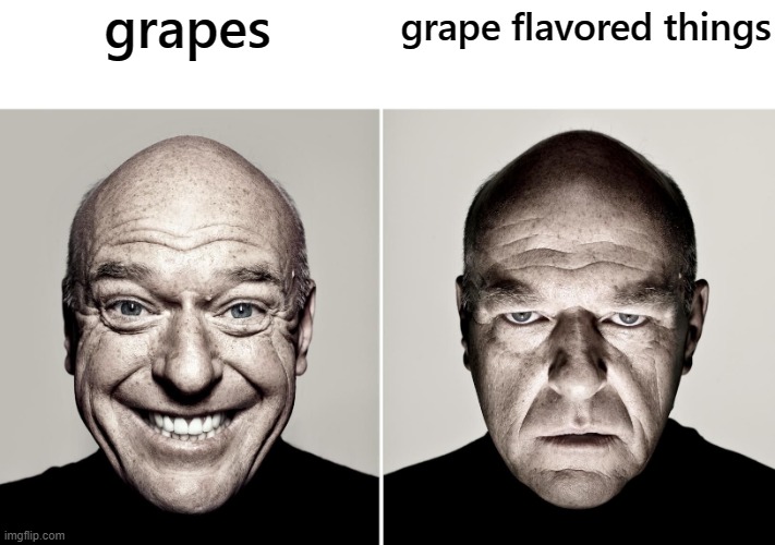 Dean Norris's reaction | grapes; grape flavored things | image tagged in dean norris's reaction,taste,funny meme | made w/ Imgflip meme maker