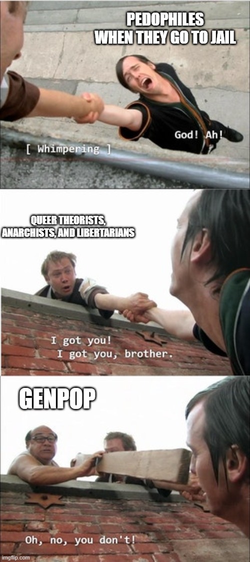 It's Always Sunny In Philadelphia Roof Meme |  PEDOPHILES WHEN THEY GO TO JAIL; QUEER THEORISTS, ANARCHISTS, AND LIBERTARIANS; GENPOP | image tagged in it's always sunny in philadelphia roof meme | made w/ Imgflip meme maker