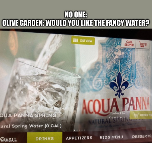 Fancy water | NO ONE:
OLIVE GARDEN: WOULD YOU LIKE THE FANCY WATER? | image tagged in water | made w/ Imgflip meme maker