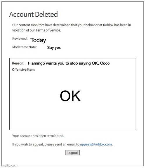 Coco Vs Flamingo, Flamingo wants Coco to stop saying OK | Today; Say yes; OK; Flamingo wants you to stop saying OK, Coco | image tagged in banned from roblox | made w/ Imgflip meme maker