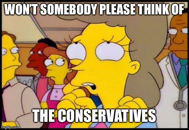 Mask scare | WON’T SOMEBODY PLEASE THINK OF; THE CONSERVATIVES | image tagged in maud flanders | made w/ Imgflip meme maker