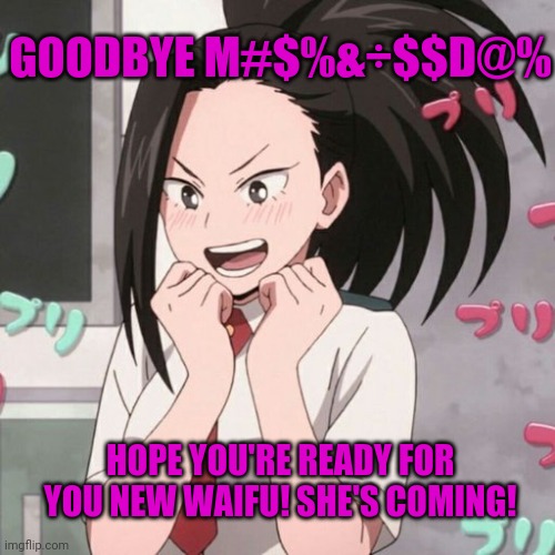 GOODBYE M#$%&÷$$D@% HOPE YOU'RE READY FOR YOU NEW WAIFU! SHE'S COMING! | made w/ Imgflip meme maker