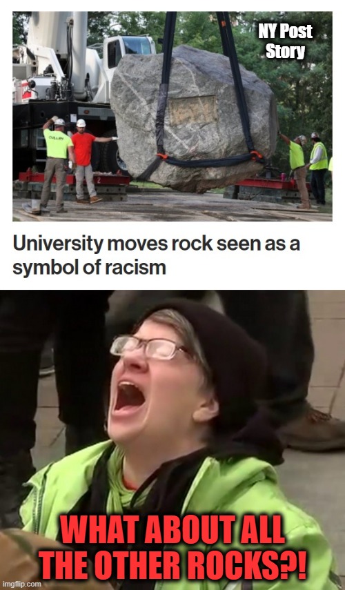The efforts to placate these idiots are wasted.  They'll never be satisfied. | NY Post
Story; WHAT ABOUT ALL THE OTHER ROCKS?! | image tagged in crying liberal,rock,racist,university of wisconsin | made w/ Imgflip meme maker