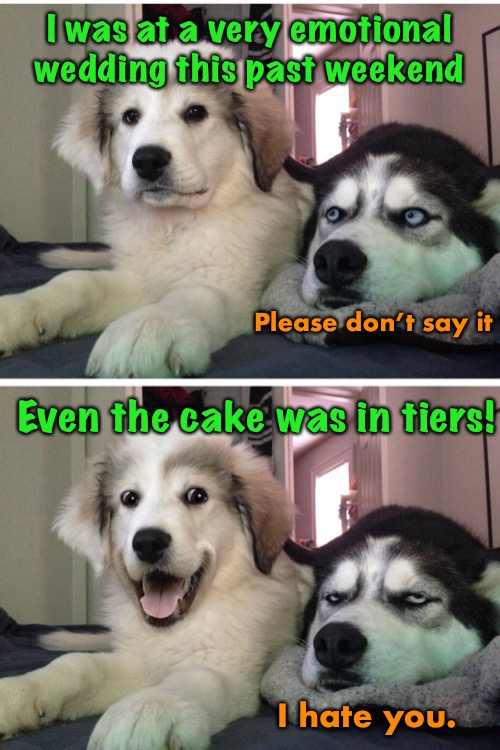 Crying Cake! | I was at a very emotional wedding this past weekend Even the cake was in tiers! Please don’t say it I hate you. | image tagged in bad pun dogs | made w/ Imgflip meme maker