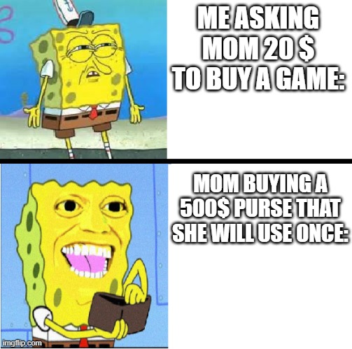 Moms | ME ASKING MOM 20 $ TO BUY A GAME:; MOM BUYING A 500$ PURSE THAT SHE WILL USE ONCE: | image tagged in investing spongebob | made w/ Imgflip meme maker