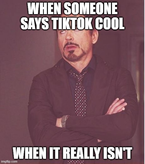 Very cringe app | WHEN SOMEONE SAYS TIKTOK COOL; WHEN IT REALLY ISN'T | image tagged in memes,face you make robert downey jr,tiktok | made w/ Imgflip meme maker