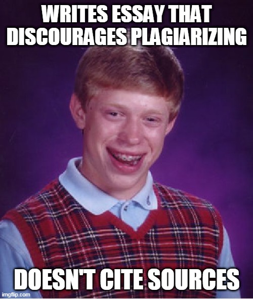 Bad Luck Brian |  WRITES ESSAY THAT DISCOURAGES PLAGIARIZING; DOESN'T CITE SOURCES | image tagged in memes,bad luck brian,plagiarism,essay,credit,ironic | made w/ Imgflip meme maker